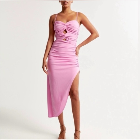 *NWT* Abercrombie & Fitch Ruched Front Cutout Asymmetrical Midi Dress, Size SP - Picture 4 of 14